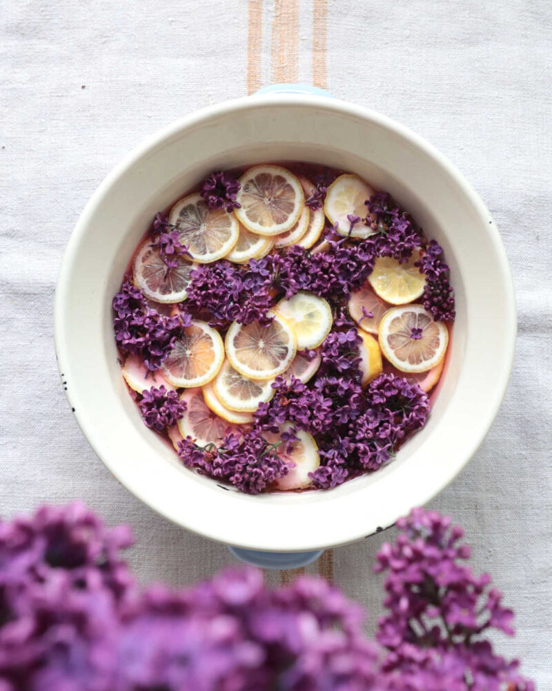 Fliederblüten und Zitronenscheiben in einer Schüssel