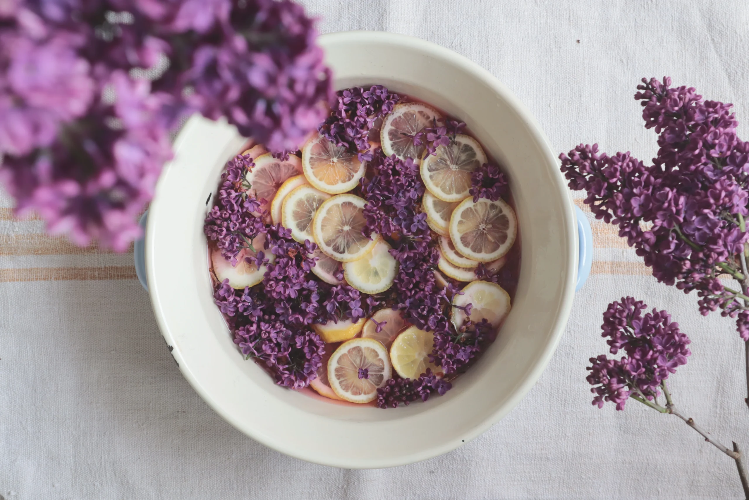 Fliederblüten und Zitronenscheiben in einer Schüssel
