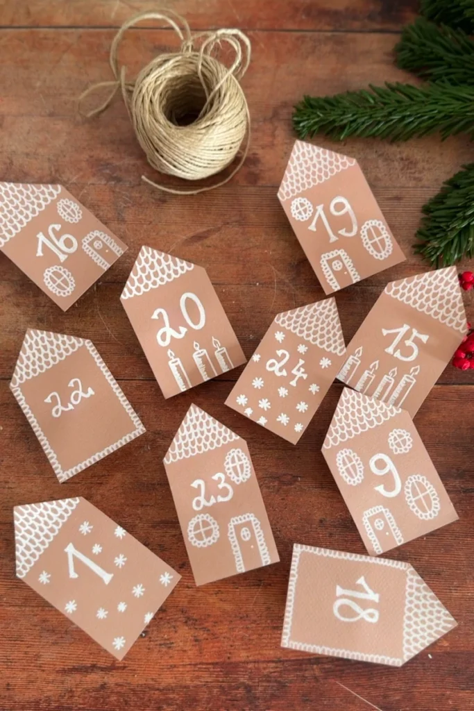 Bemalte Geschenkanhänger in Häuschenform aus altem Karton