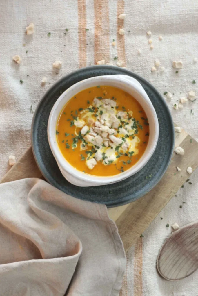 Kürbis-Suppe mit Kräutern und Feta