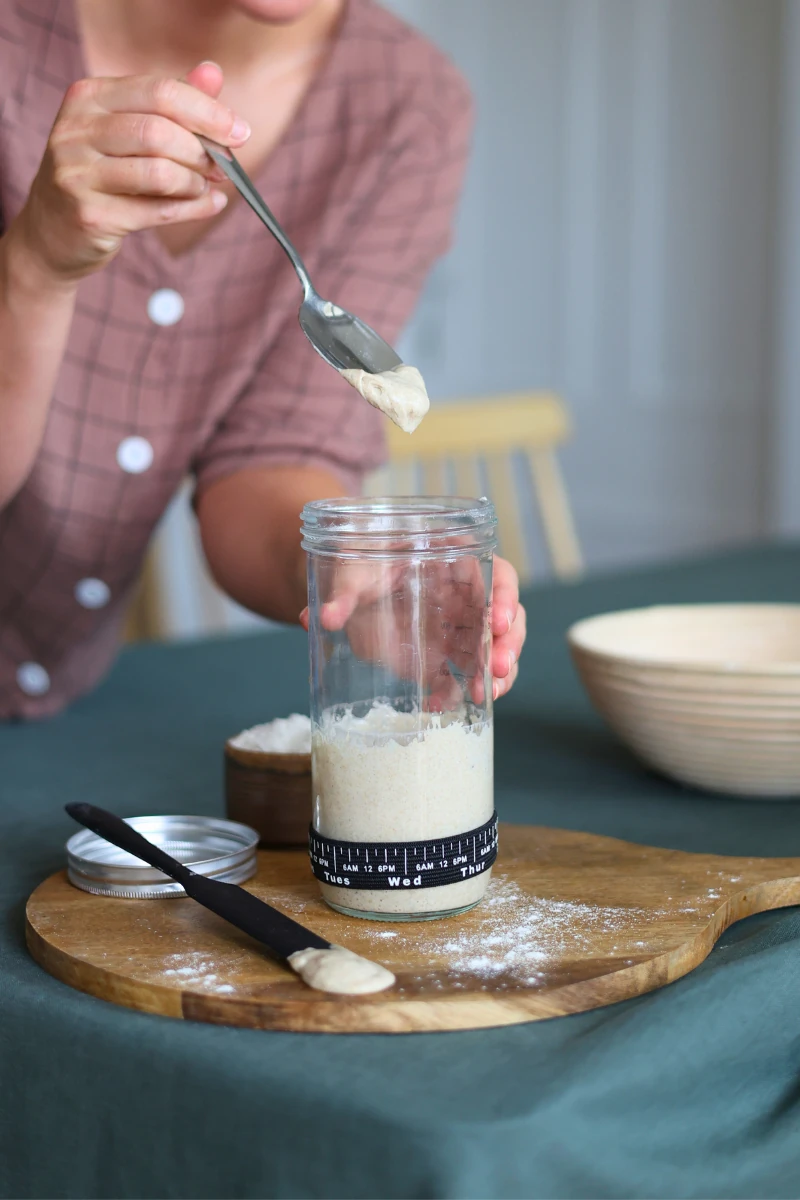 Hand hebt Sauerteigstarter mit Löffel aus Glas